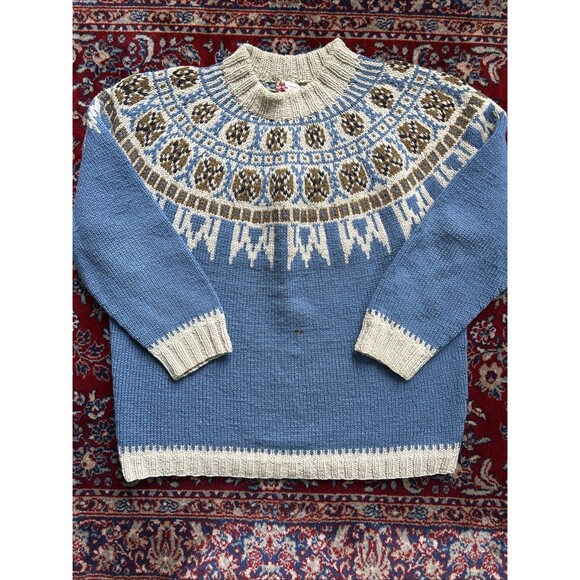 Vintage Wool Jumper Hand Knit Nordic Sweater Denmark Brown Blue Cozy XL - Picture 1 of 8
